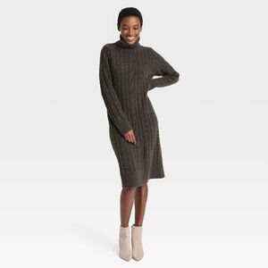 a new day Women's Long Sleeve Cable Knit Dress - Dark Olive